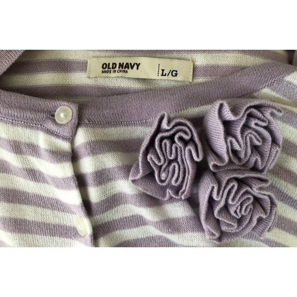 Vintage Knit Cardigan Sweater L Purple Stripe 3/4 Sleeve Crochet Flowers 90s Y2K - Picture 4 of 5